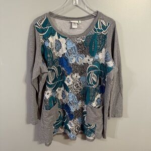 Logo Lounge Gray‎ Floral Lace Overlay Tunic Sweatshirt Top 2X Blue Teal Pockets